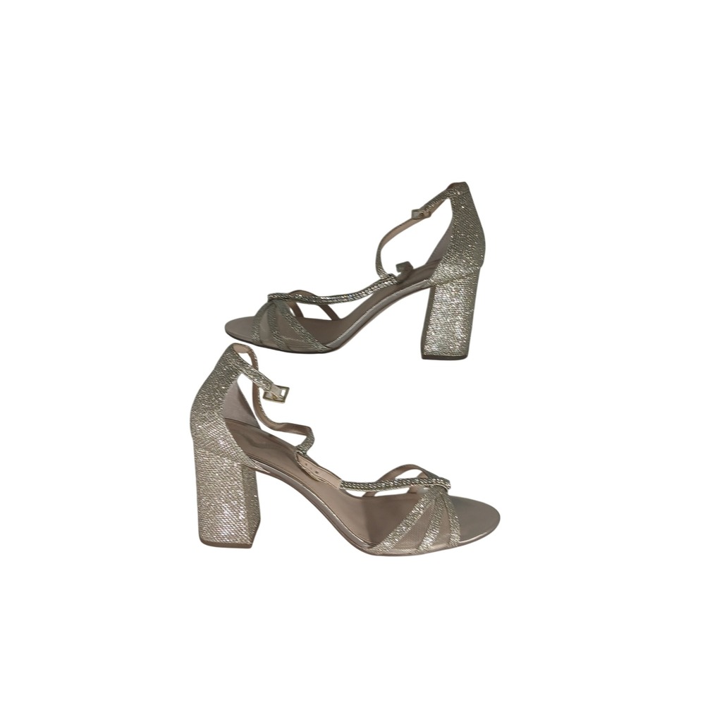 Nina Block Heel Sandals 9.5 Champagne Gold Glitter Rhinestone Evening Wedding